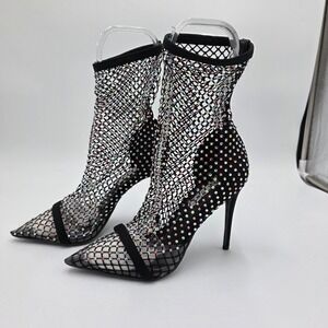 Cape Robbin Florence Black Rhinestone Mesh Ankle Booties Heels Size 5.5 w/ Box